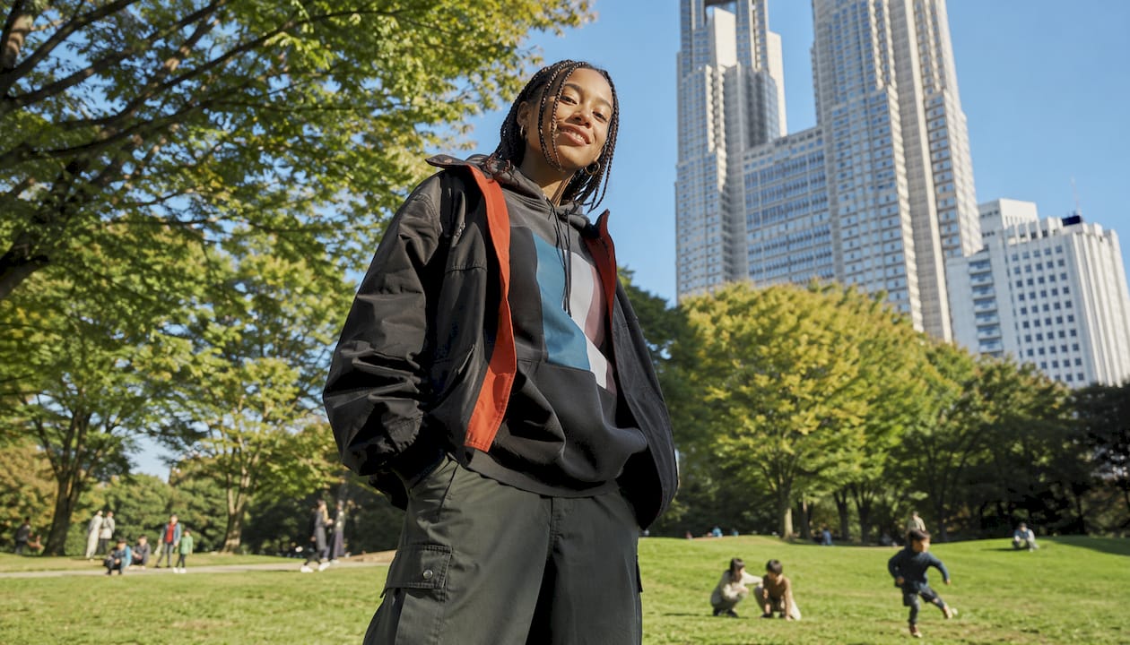 Urban model showcasing streetwear outfit outdoors