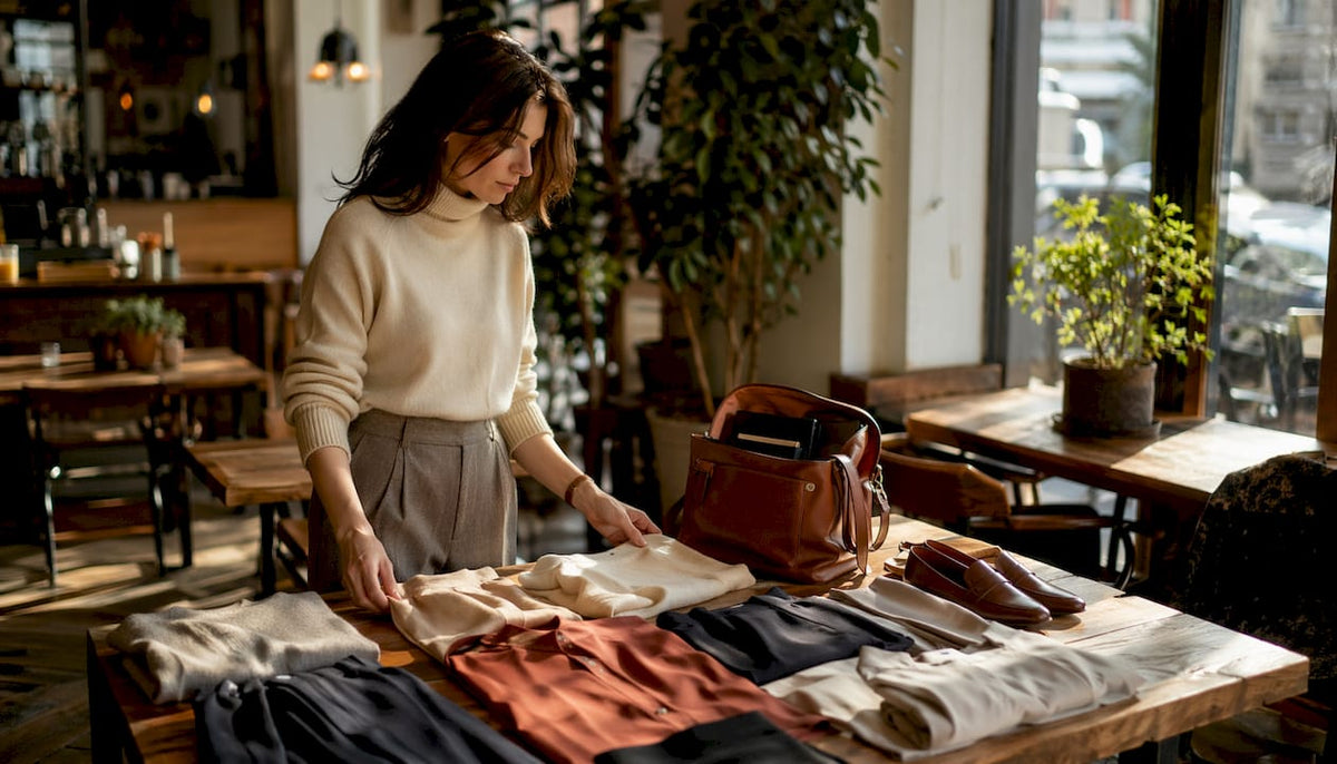 Woman reviewing capsule wardrobe in home closet
