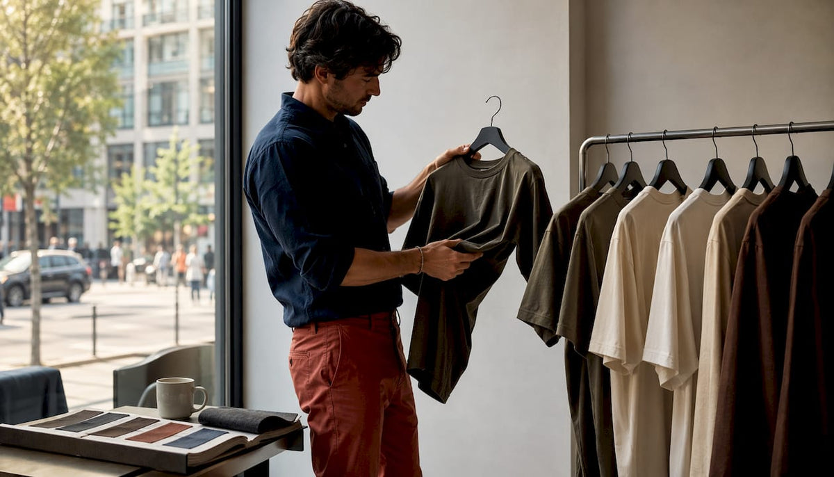 Stylist examining heavyweight t-shirt fabric texture