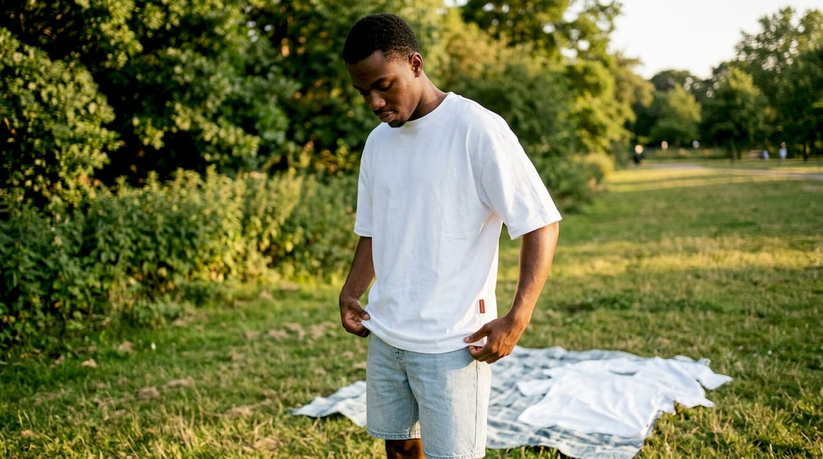 Young Black man adjusting oversized white t-shirt