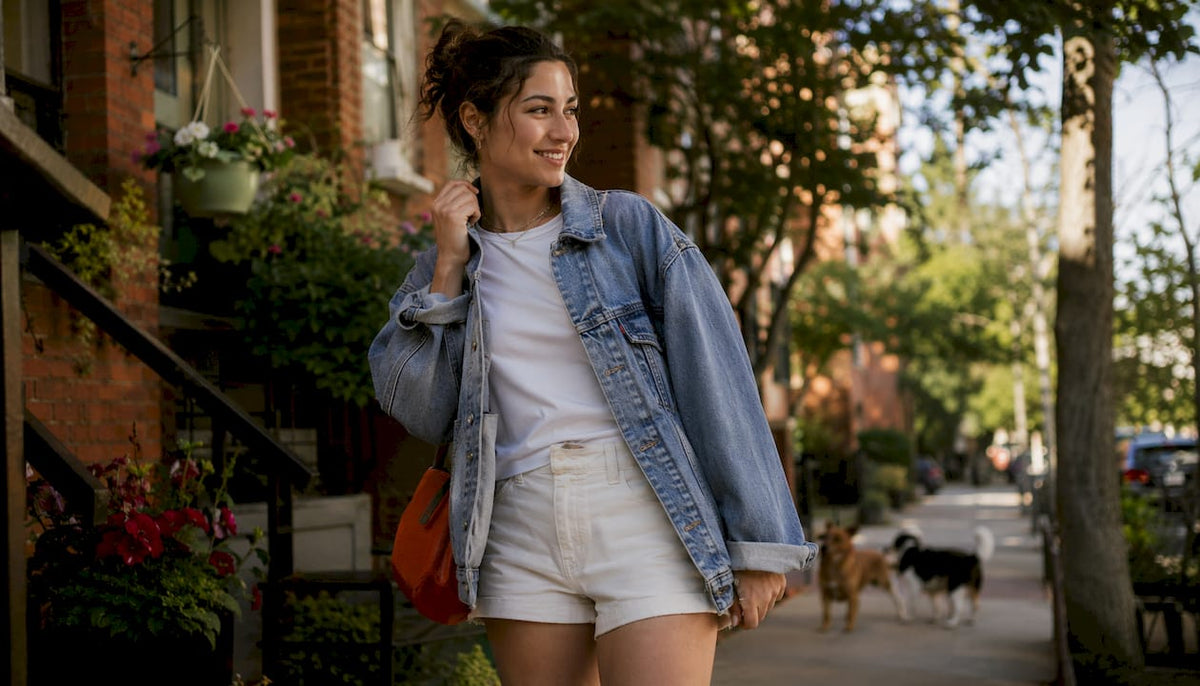 Woman wearing denim jacket in urban street scene