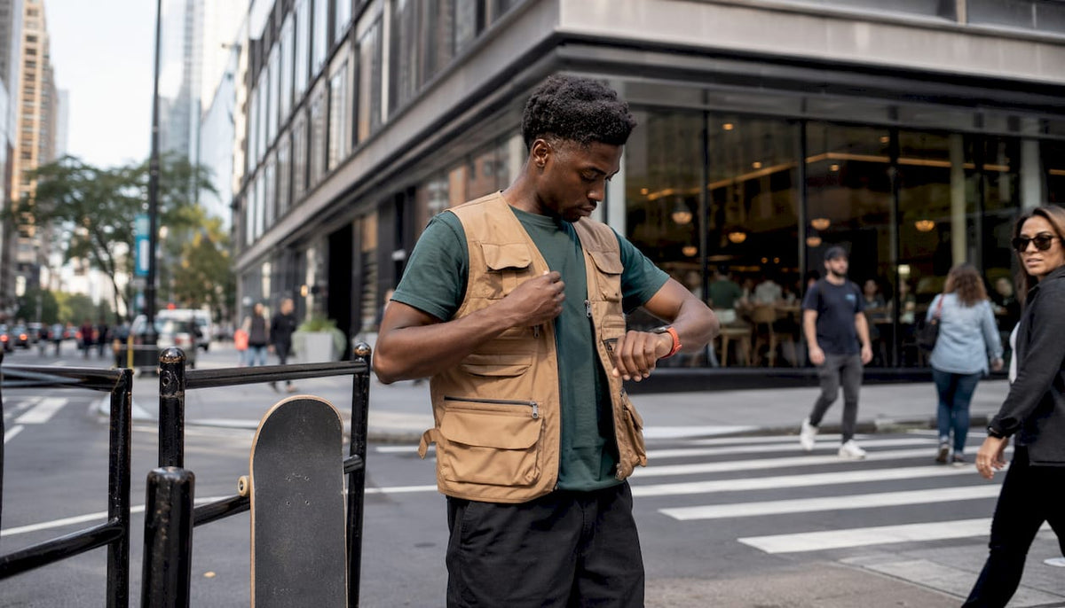 Man in urban street wearing utility vest