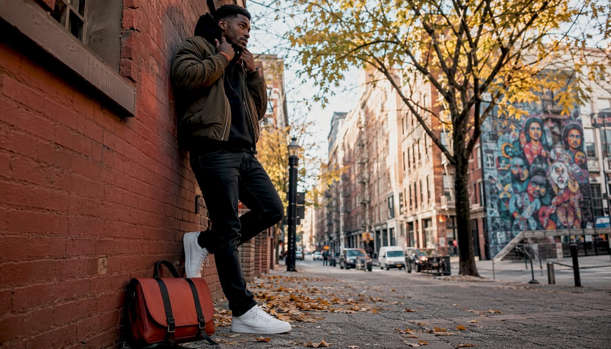 Man wearing hoodie under bomber jacket outdoors