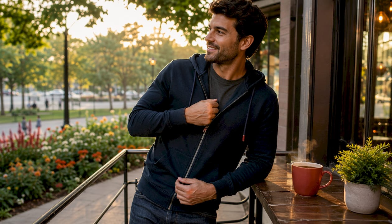 Man wearing stylish zip hoodie outdoors