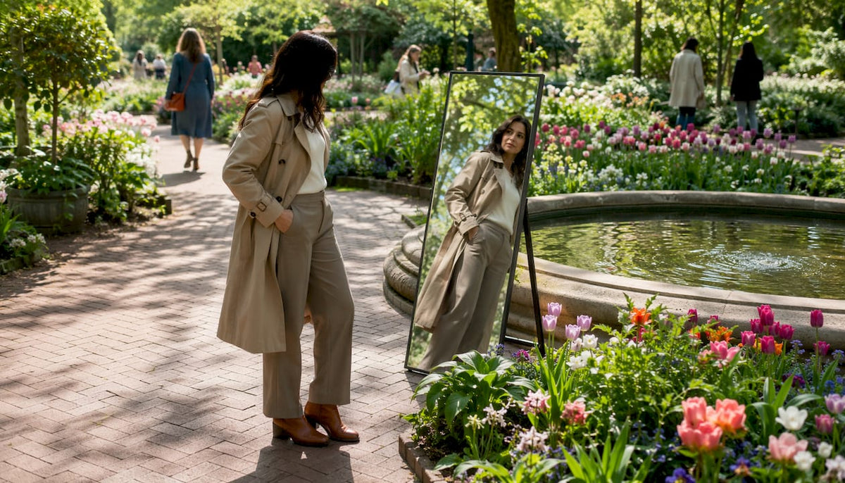 Woman trying on trench coat outdoors in spring