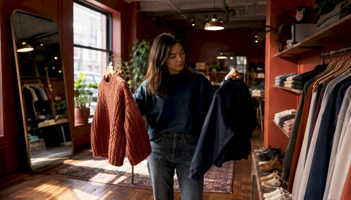 Shopper comparing sweater and sweatshirt textures in boutique