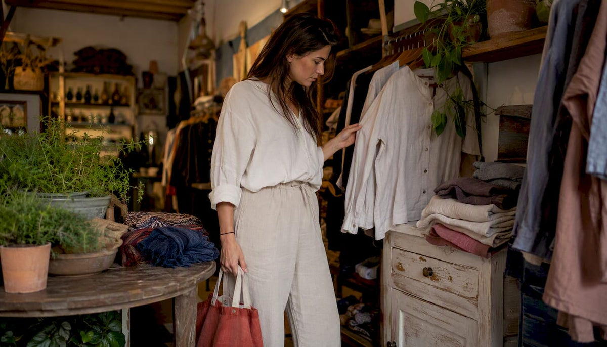 Shopper browsing sustainable basic tees in boutique
