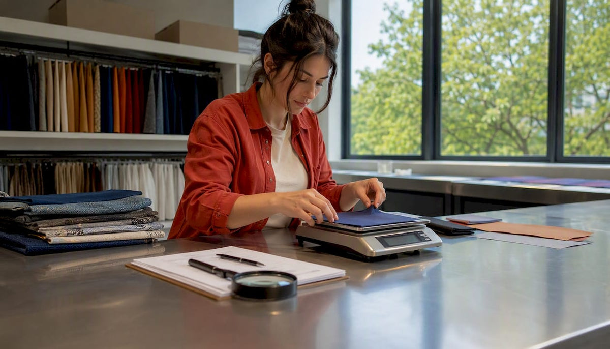 Technician weighing fabric sample on scale