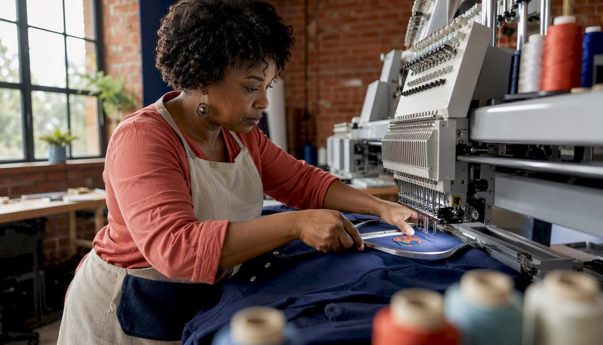 Woman operating embroidery machine on polo shirt