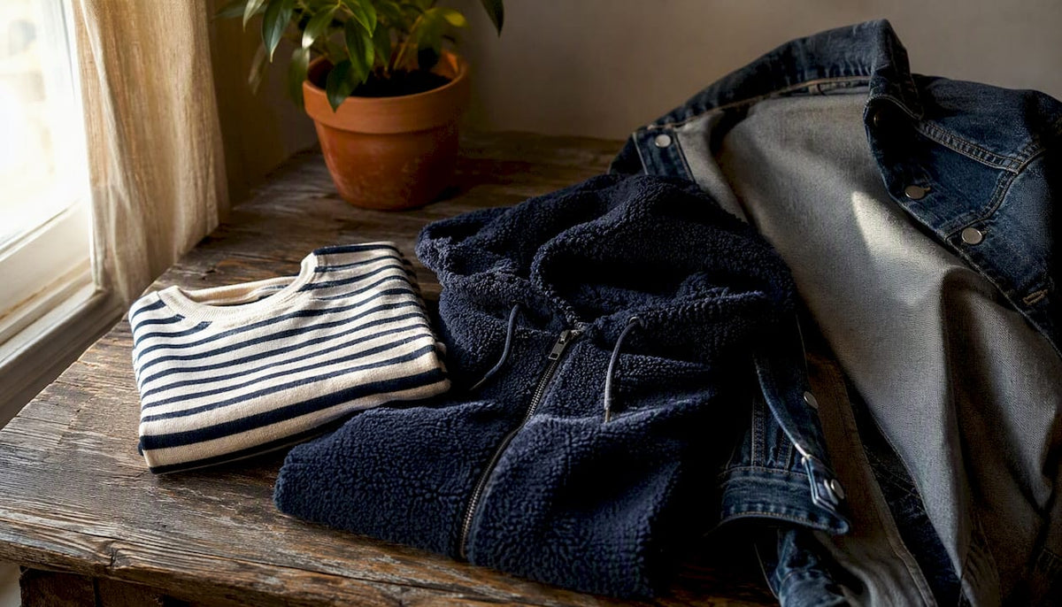Close-up textures of streetwear fabrics layered