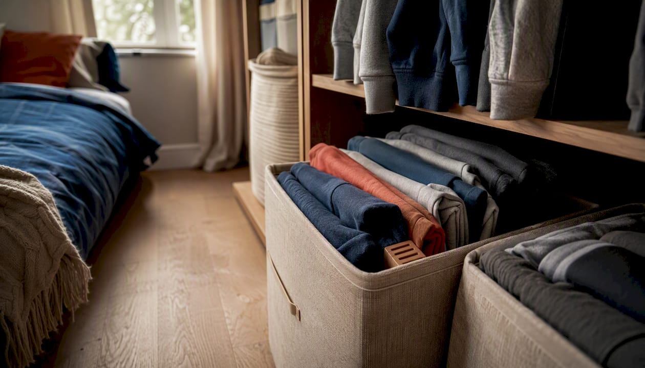 Closet shelf with neatly file-folded hoodies in breathable bins
