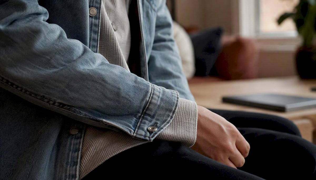 Layered modest outfit detail with denim and jersey fabrics