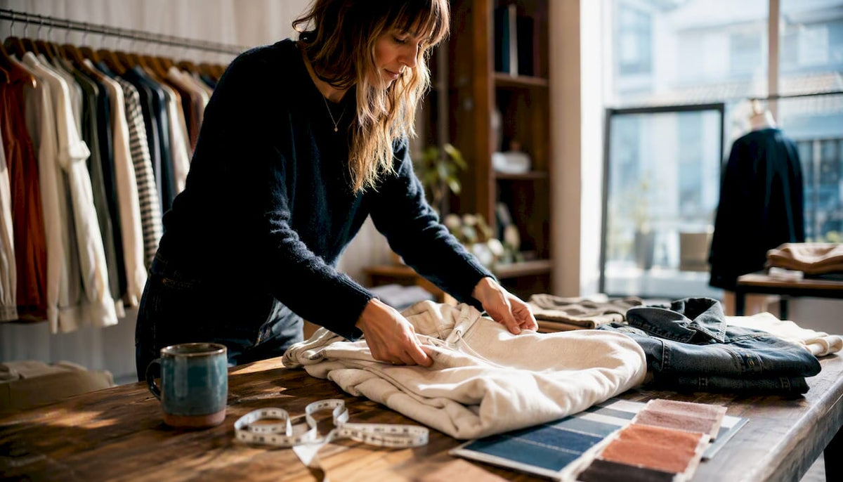 Designer arranging casual clothing in workspace