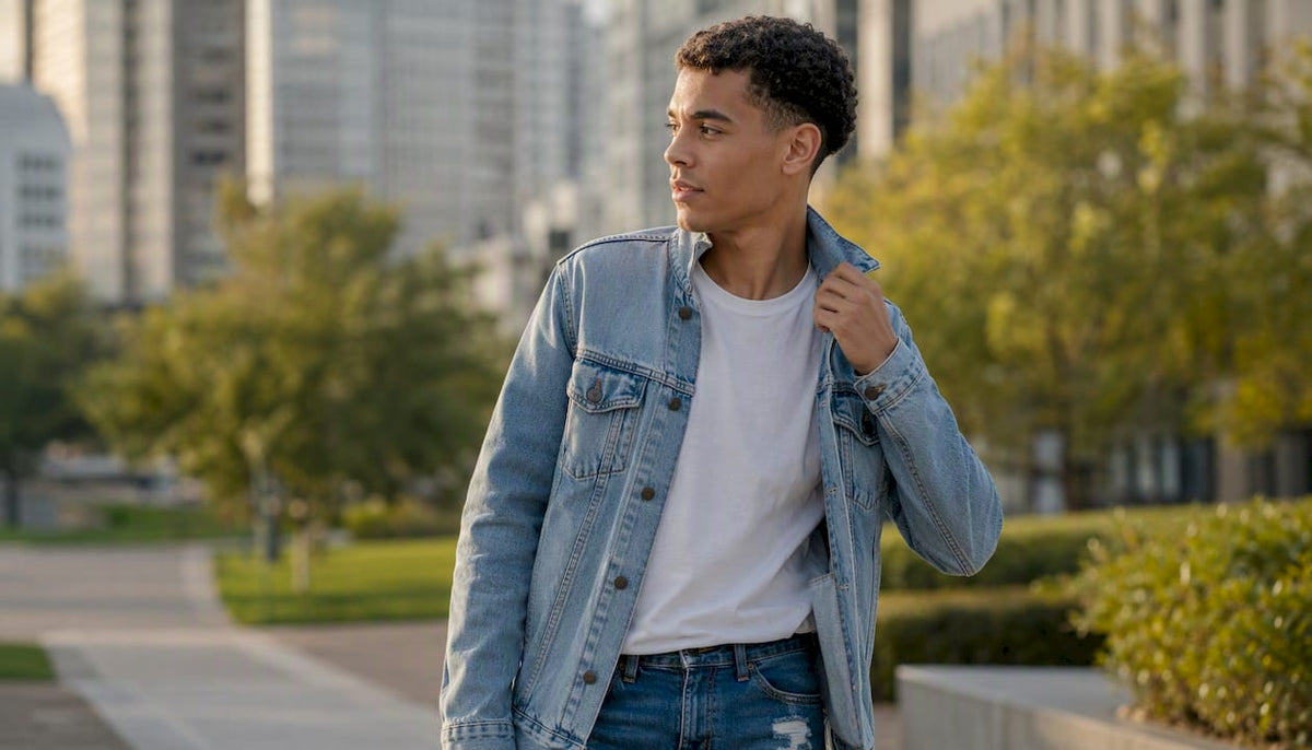 Person adjusting denim jacket sleeve outdoors