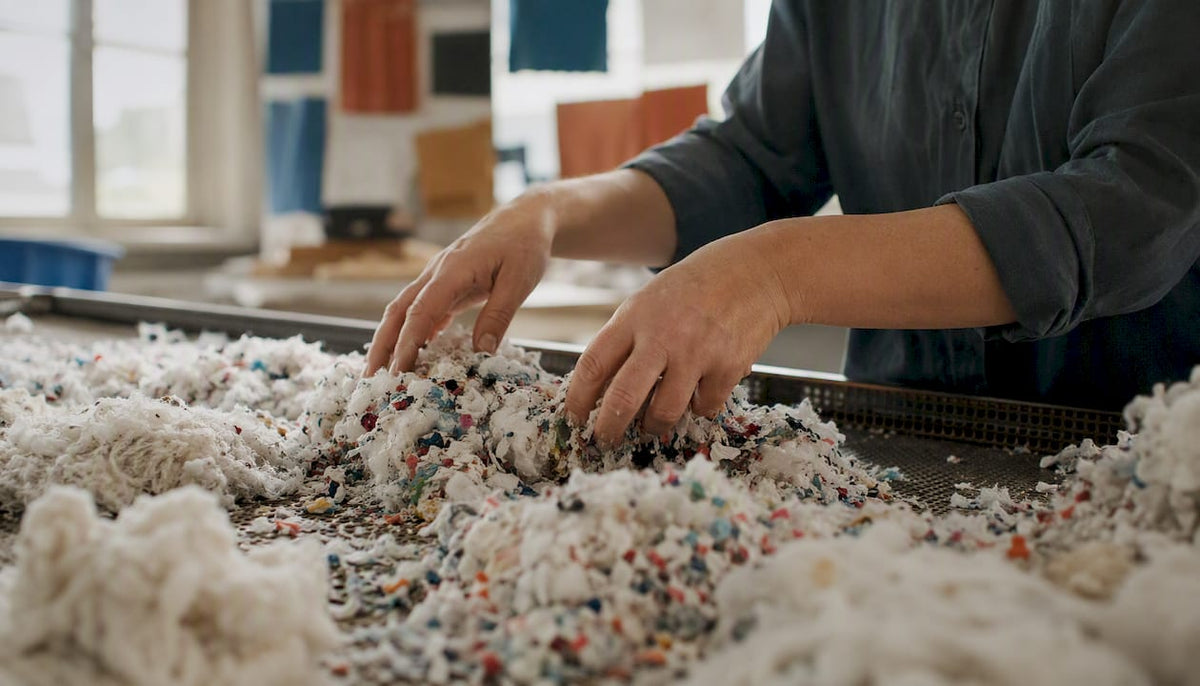Hands sorting shredded plastic flakes and cotton fiber