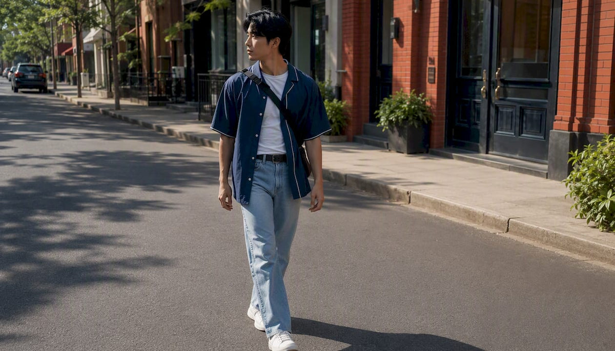 Street style with button-up jersey and jeans