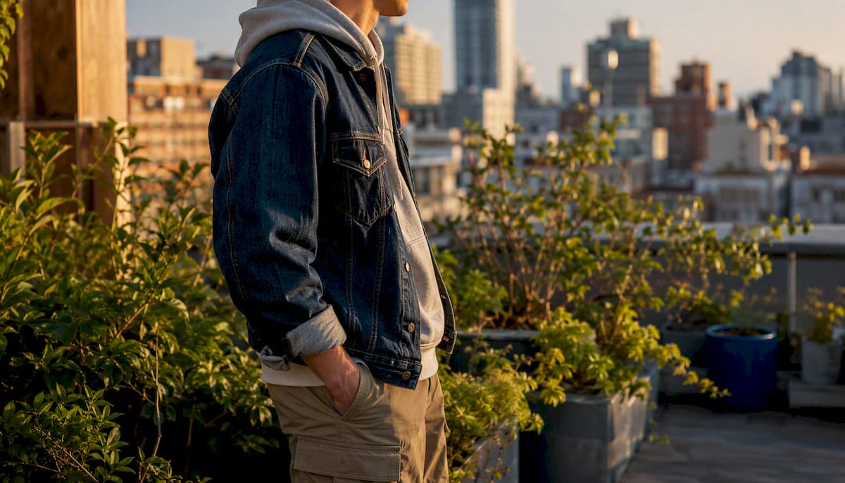 Mid-body side view of layered streetwear outfit