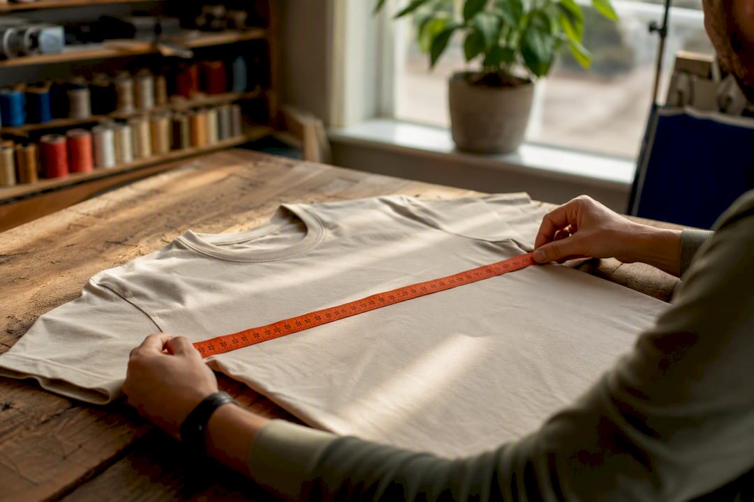 Flat lay of unisex T-shirt being measured at chest with tape