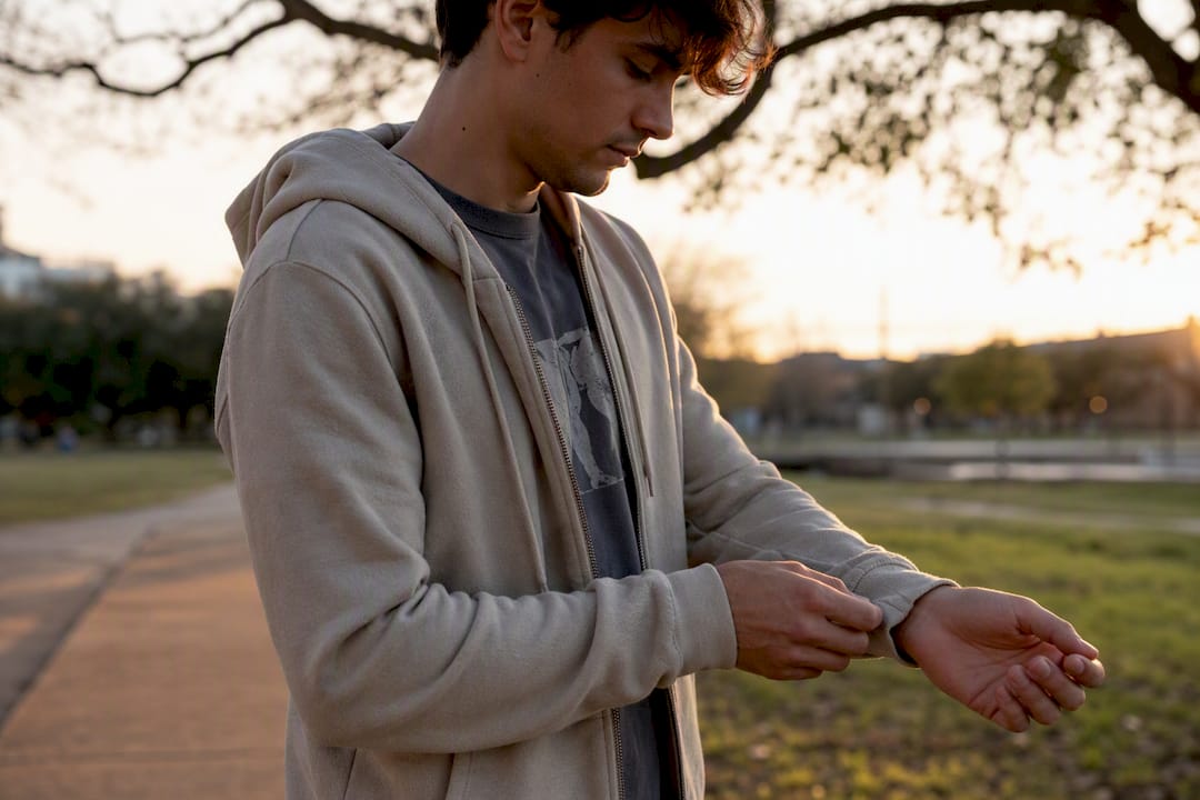 Person adjusting overshirt cuff on urban street