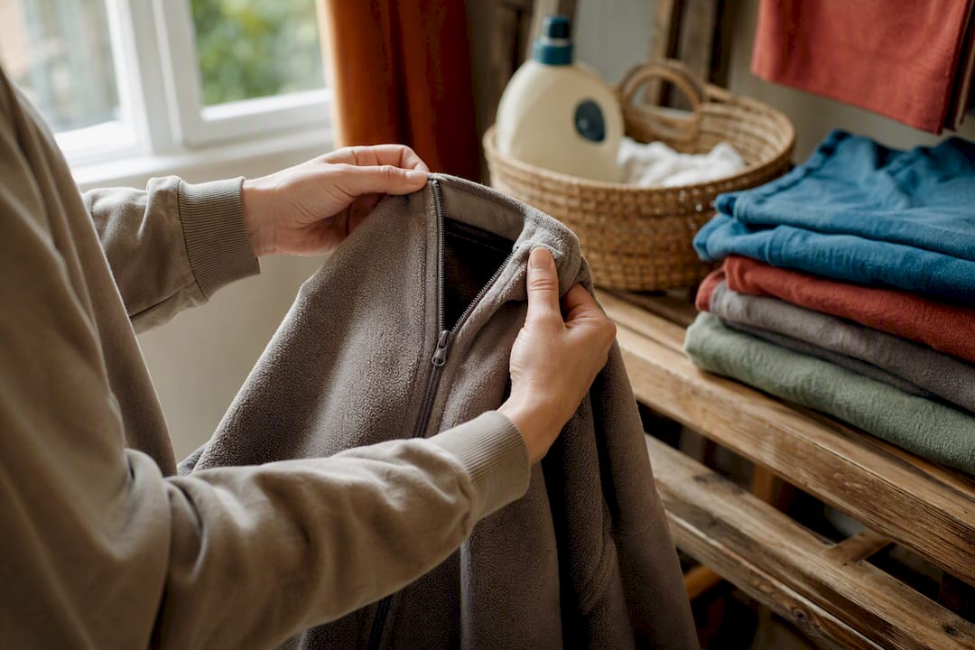 Hands zipping hoodie inside out before wash