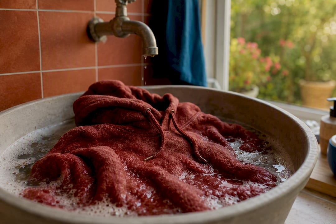Cotton hoodie in hot washing machine drum
