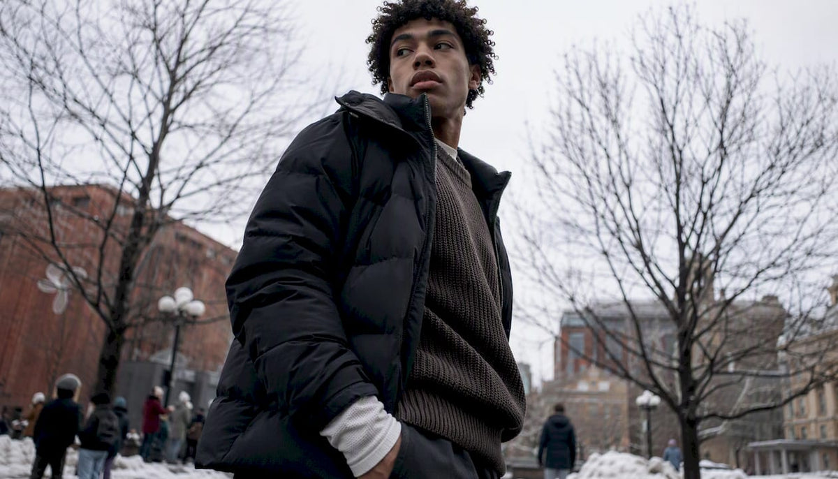 Side view of winter streetwear layering fit
