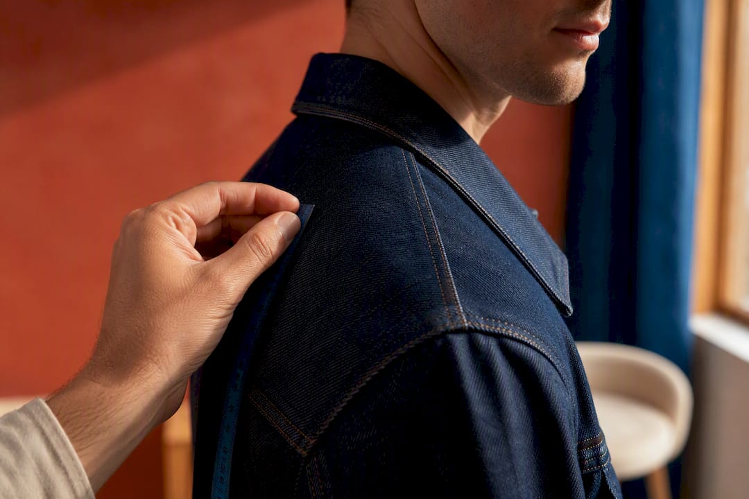 Tailor checking denim jacket shoulder seam