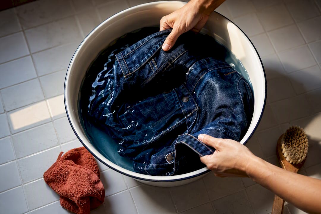 Hands gently washing a denim jacket sleeve