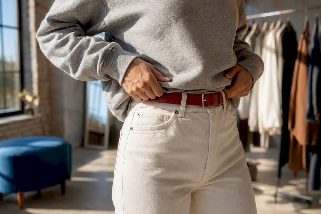 Hands tucking sweatshirt into high-rise waistband