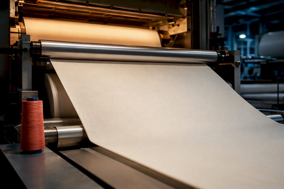 Cotton fabric passing through finishing rollers