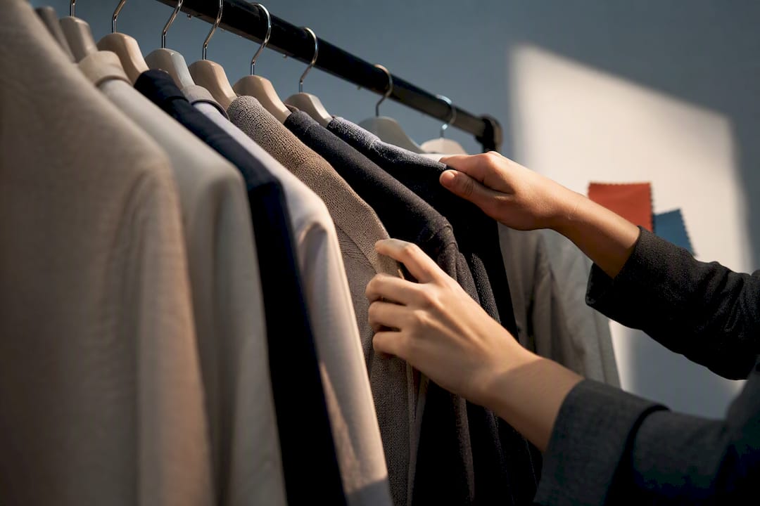 Hands examining anonymous garments on a clothing rack