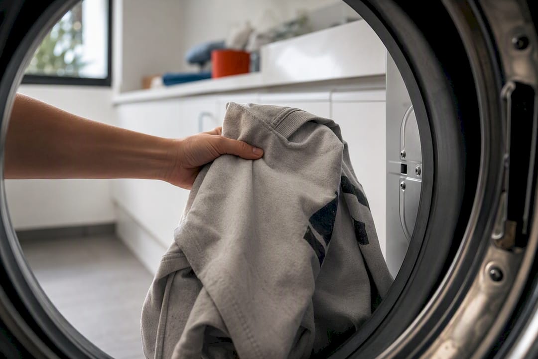 Inside-out printed shirt entering washing machine