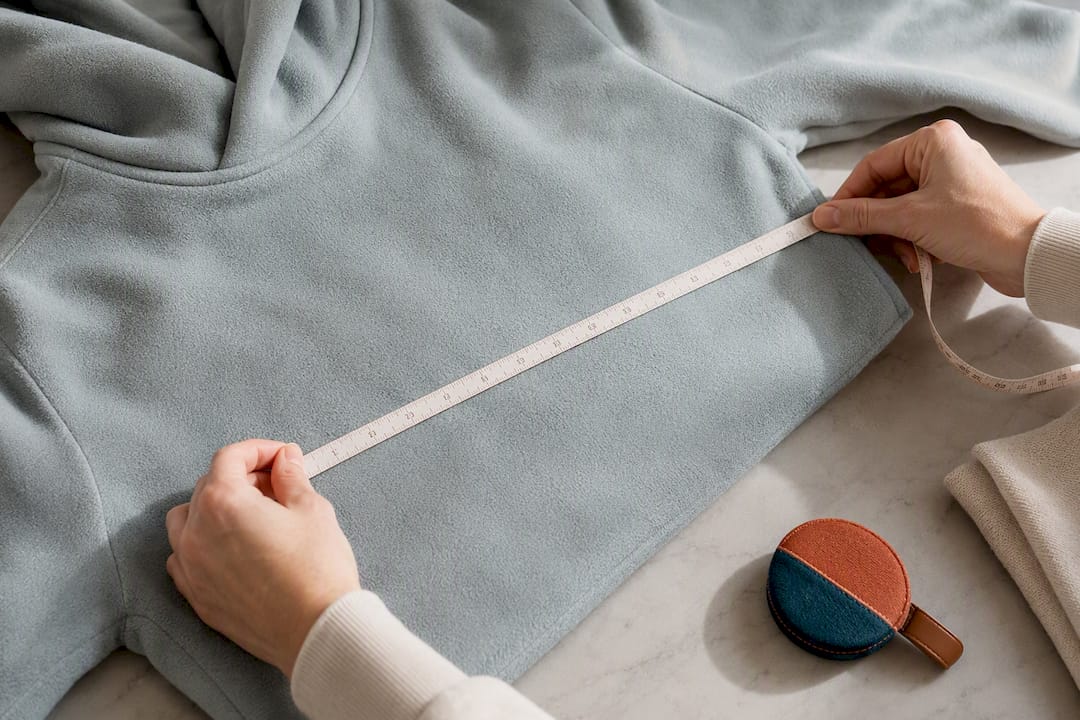 Hands measuring hoodie chest width