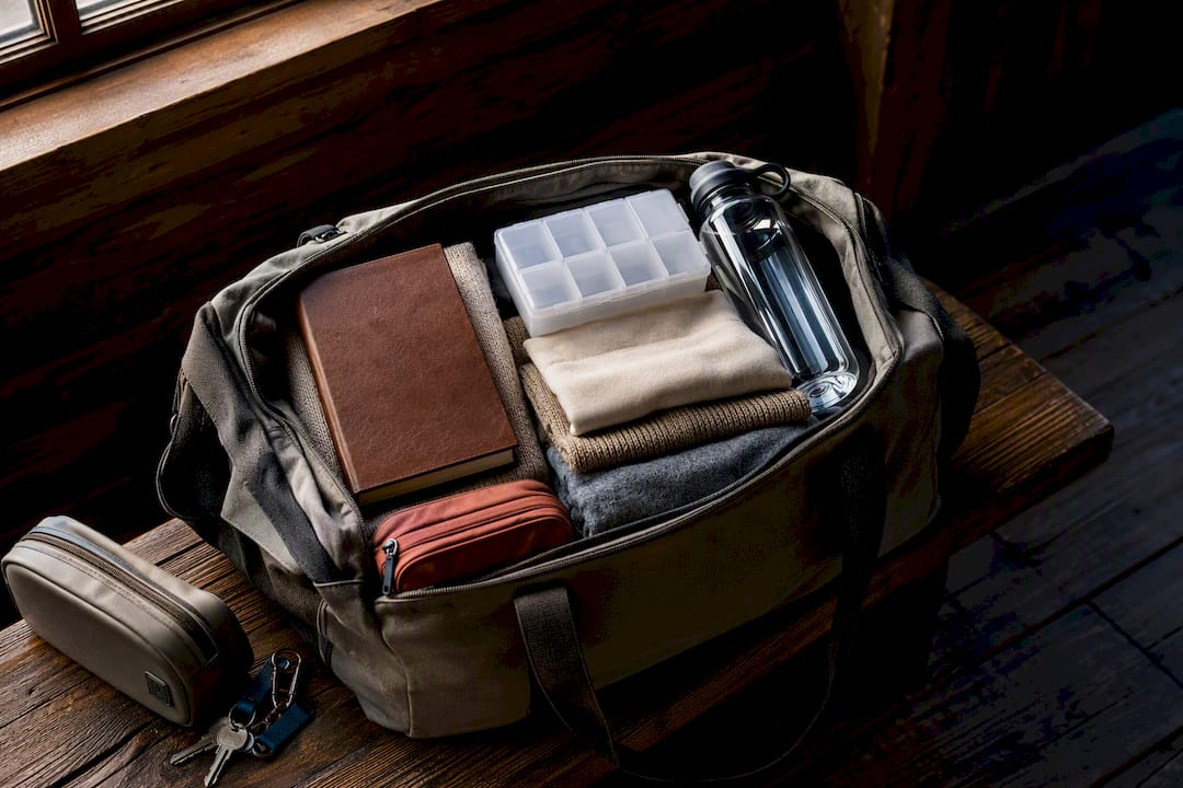 Retreat bag with Bible, medicine, clothing, water