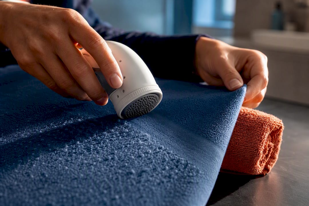 Hands removing pills from fleece fabric