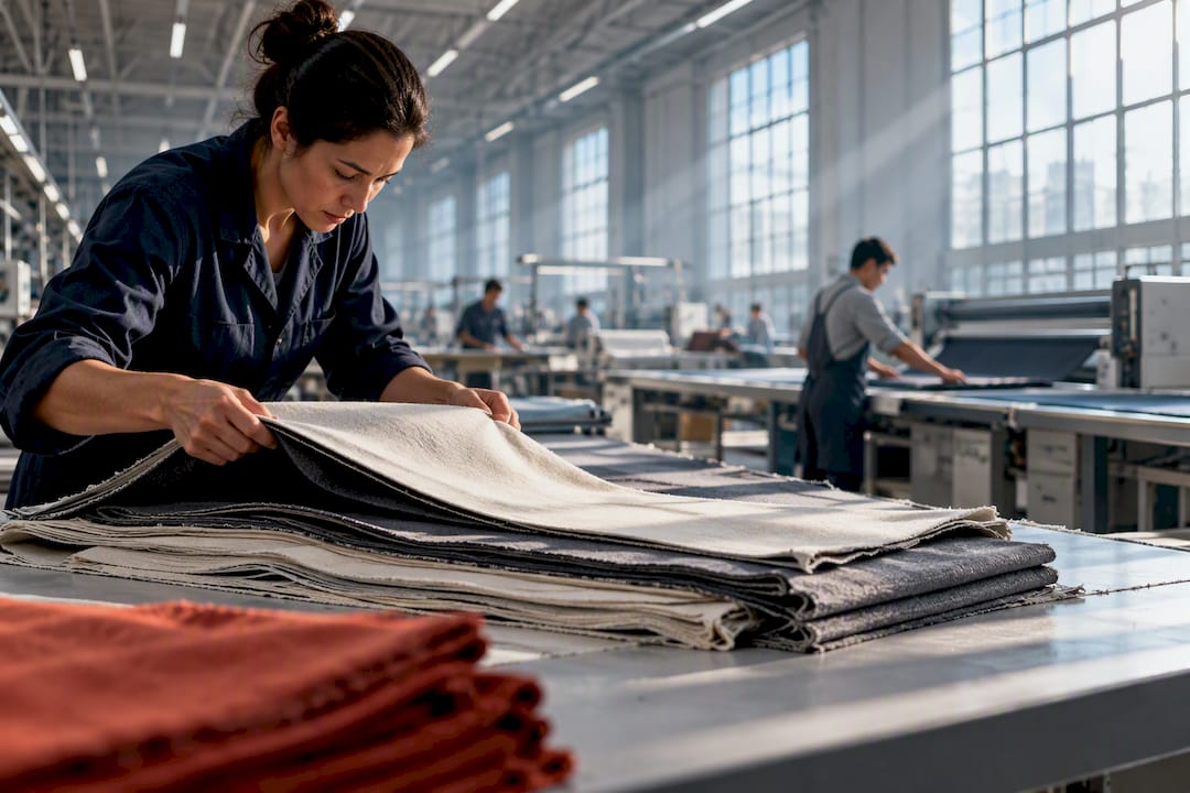 Supervisor checking fabric panels in factory