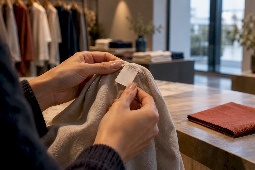 Shopper inspecting garment information label