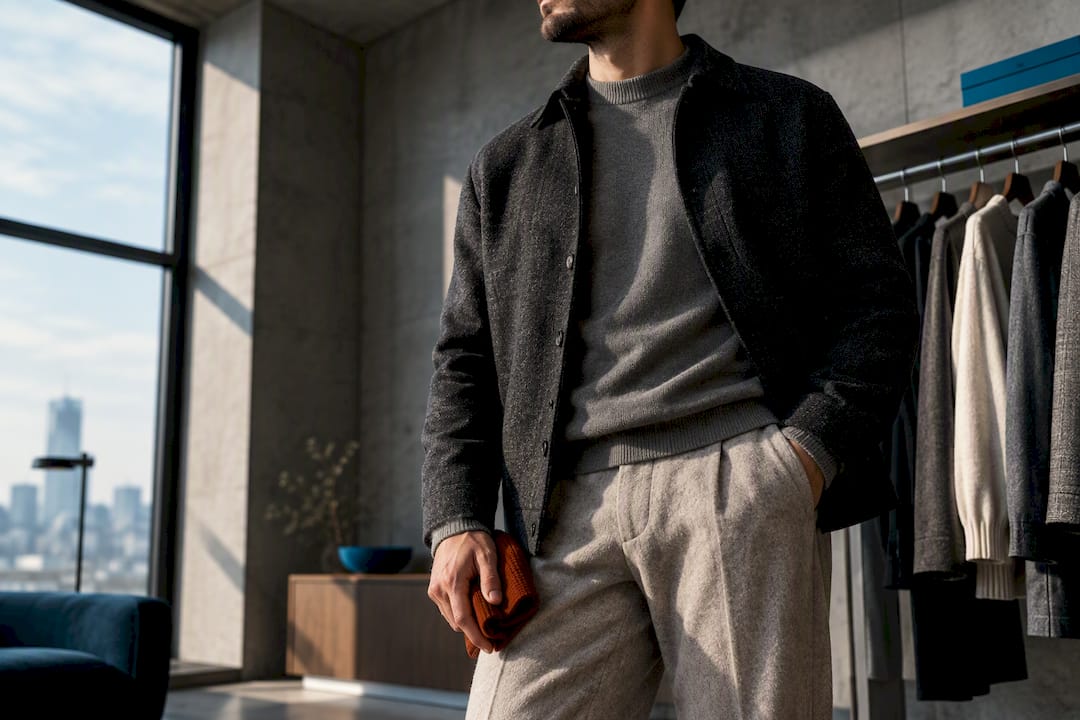 Cropped man in layered neutral outfit