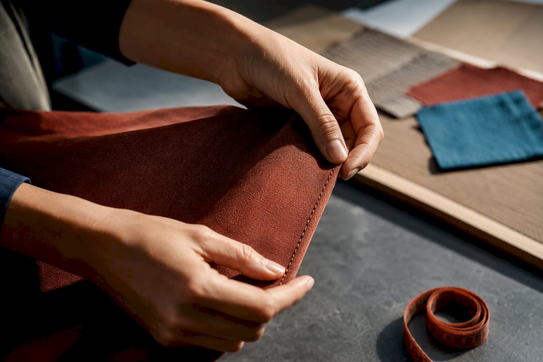 Hands inspecting garment seam and fabric