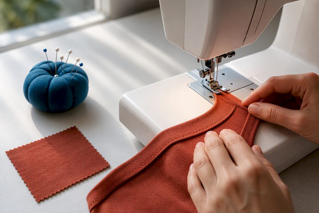 Hands sewing a clean knit neckline