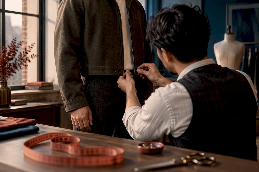 Tailor pinning jacket hem during fitting