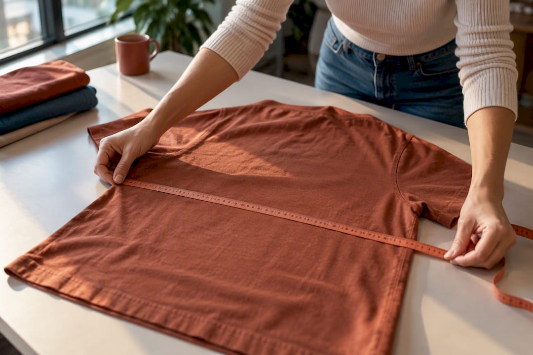 Hands measuring garment width with tape