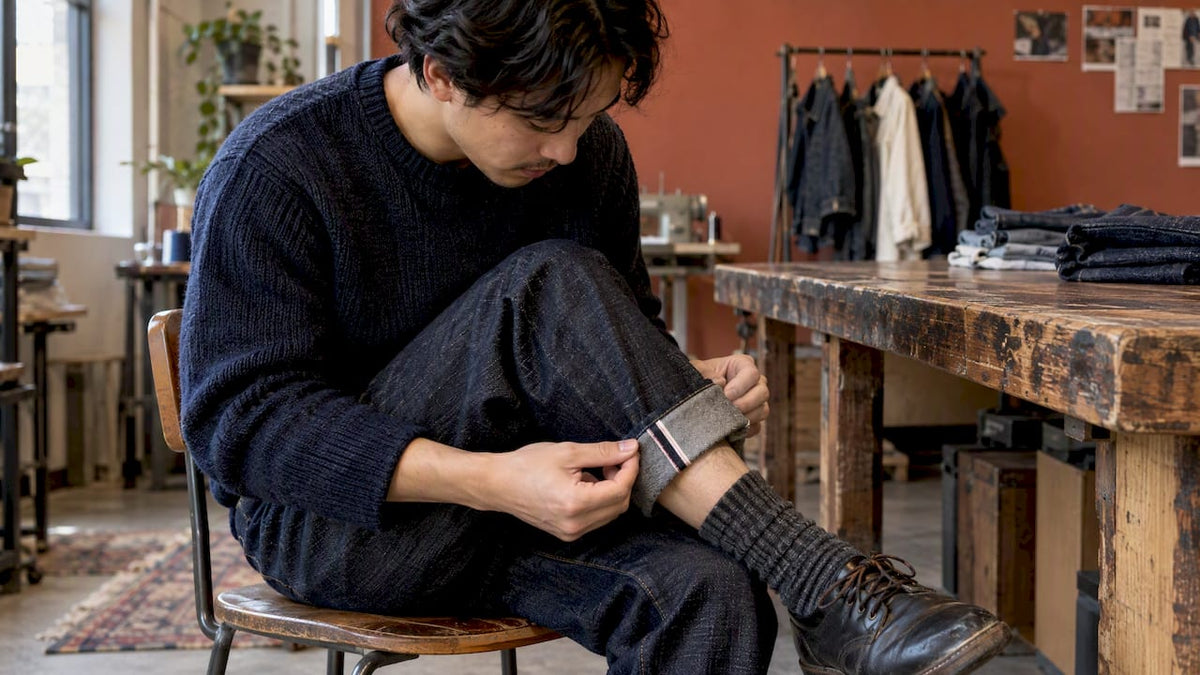 Shopper inspecting selvedge denim cuff