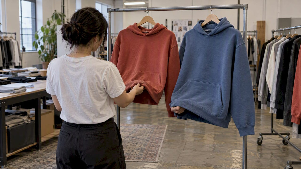 Buyer comparing two hoodie fabrics