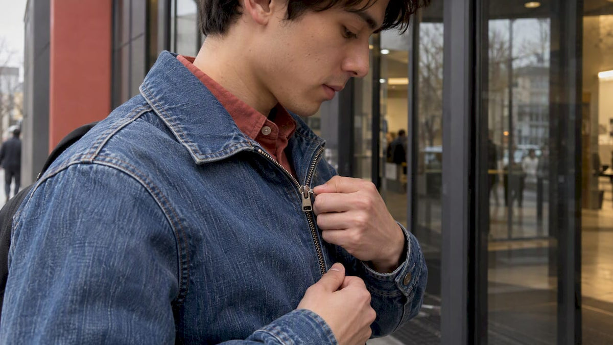 Hand zipping a denim jacket with YKK hardware