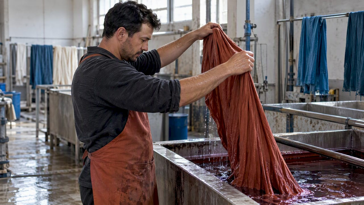 Worker lifting cotton fabric from dye bath