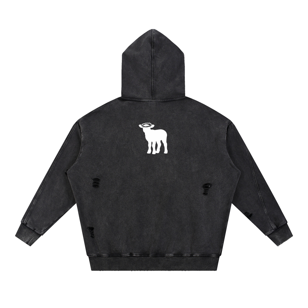 Snow Washed Distressed Panel Pocket Hoodie