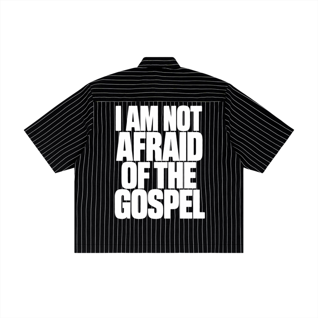 Romans 1:16 Unisex Striped Boxy Button-Up Shirt