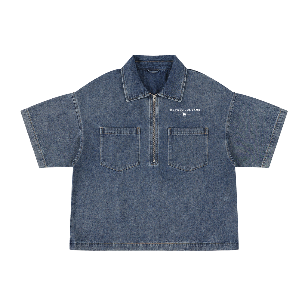 Unisex Vintage Wash Boxy Quarter-Zip Denim Shirt