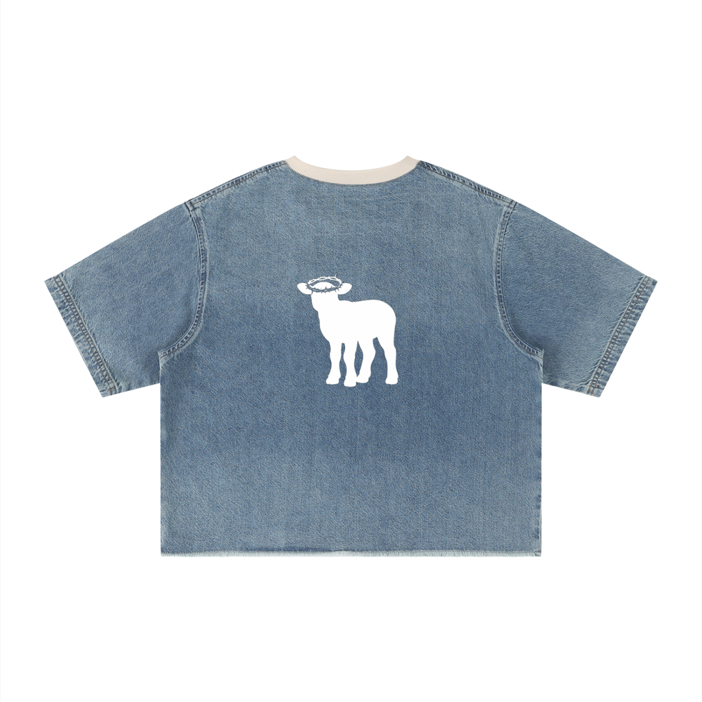 Unisex Vintage Wash Boxy Raw Hem Denim T-Shirt